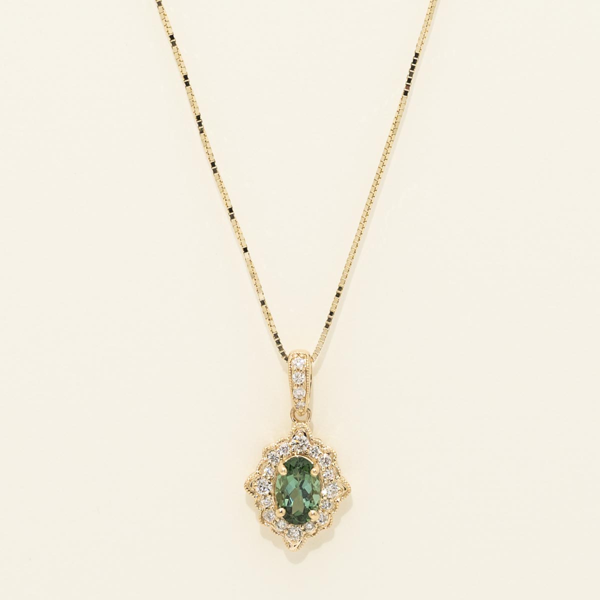Maine Indicolite Tourmaline Halo
 Necklace in 14kt Yellow Gold with Diamonds (1/10ct tw)