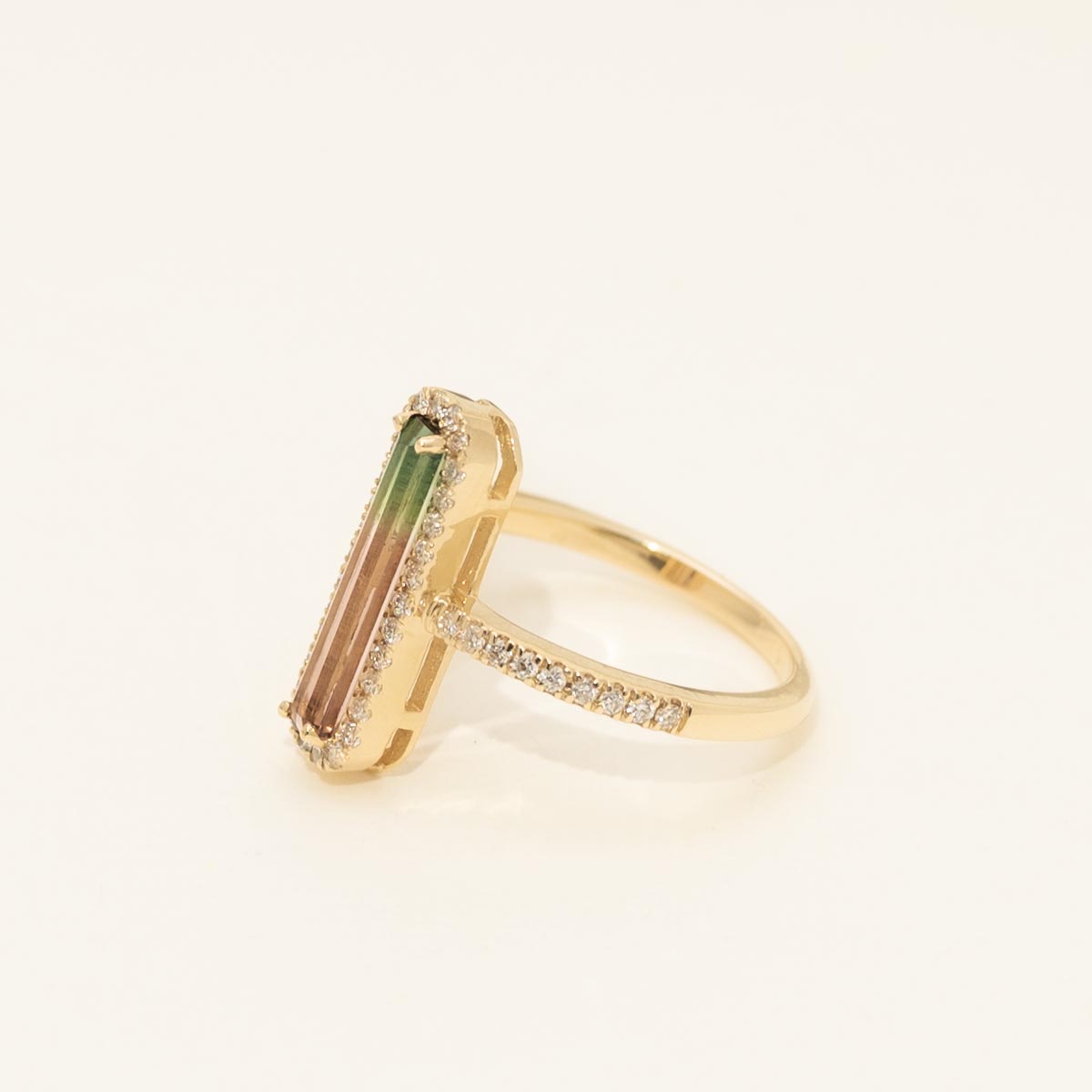 Parlé Emerald Cut Bicolor Tourmaline Bezel Ring in 14kt Yellow Gold with Diamonds (1/4ct tw)
