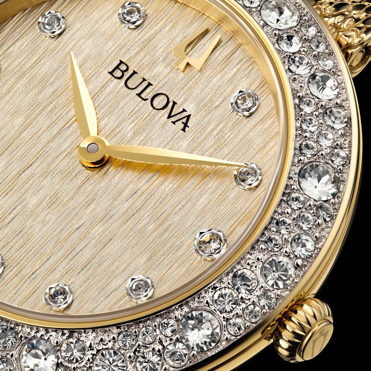 Bulova Crystal Womens Watch with Champagne Dial and Crystal Bezel with Gold Toned Stainless Steel Bracelet (quartz movement)