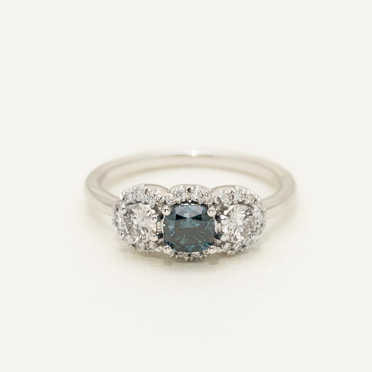 Blue Diamond Three Stone Halo Engagement Ring in 14kt White Gold (1ct tw)