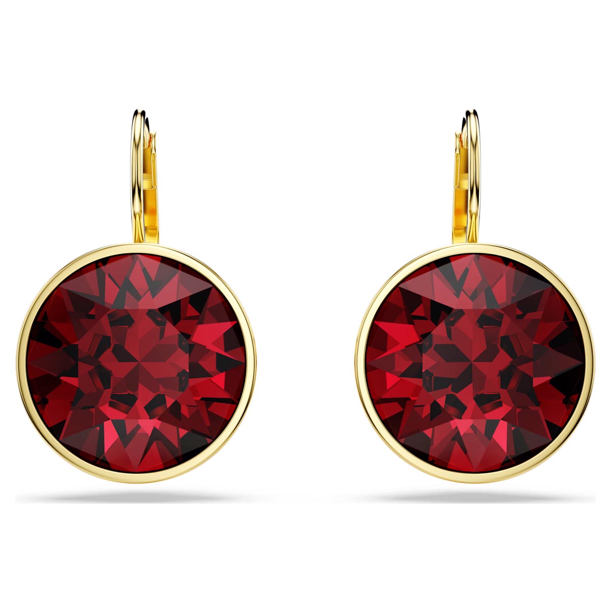 Swarovski Bella Red Crystal Leverback Earrings in Yellow Tone Plate