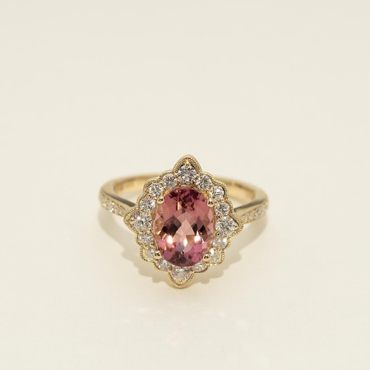 Oval Pink Tourmaline Halo Ring in 14ky Yellow Gold with Diamonds (1/2ct tw)