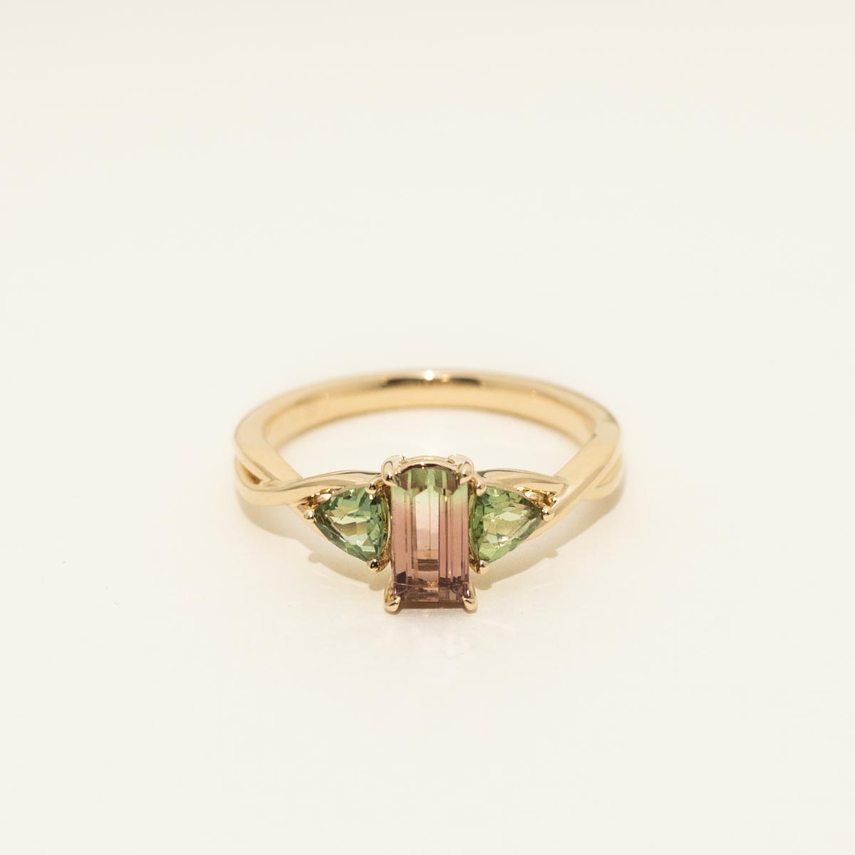 Maine Bicolor and Green Tourmaline Ring in 14kt Yellow Gold