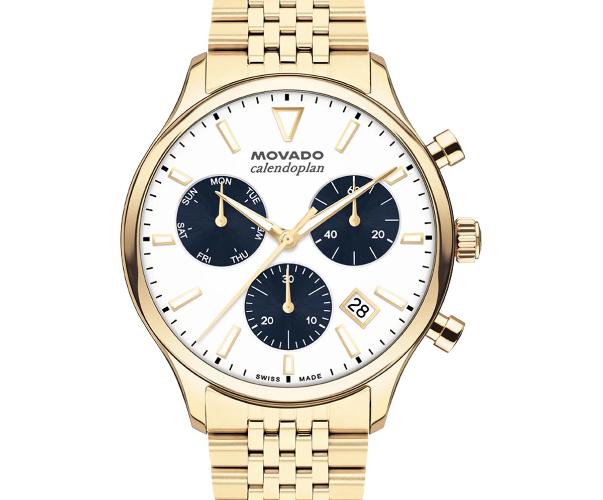 Movado Heritage Series Calendoplan Mens Watch with White Dial and Ionic Plated Gold Toned Stainless Steel Bracelet (Swiss quartz chronograph movement)