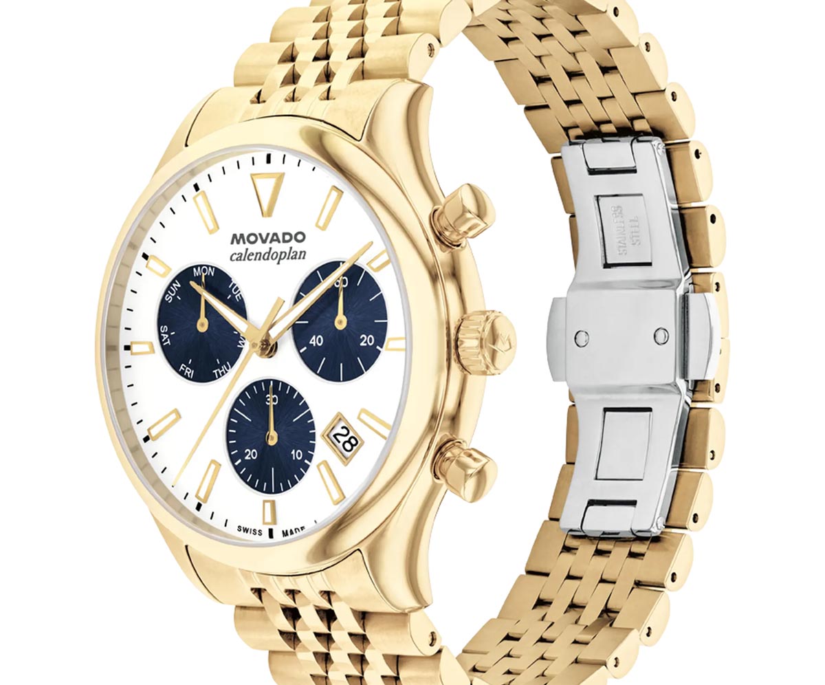 Movado Heritage Series Calendoplan Mens Watch with White Dial and Ionic Plated Gold Toned Stainless Steel Bracelet (Swiss quartz chronograph movement)