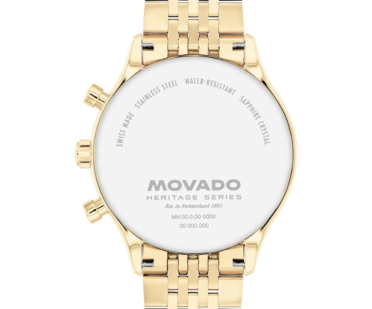 Movado Heritage Series Calendoplan Mens Watch with White Dial and Ionic Plated Gold Toned Stainless Steel Bracelet (Swiss quartz chronograph movement)