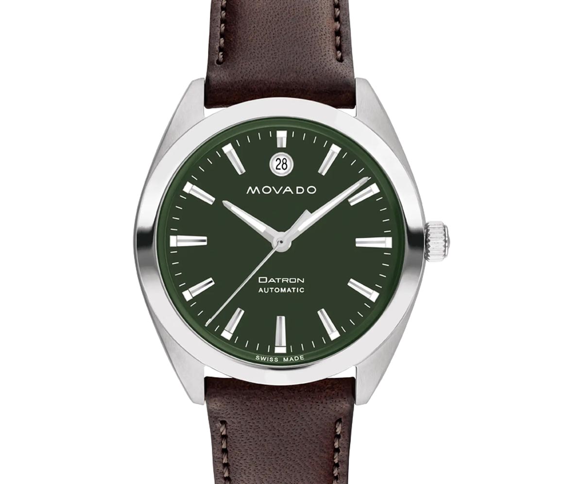 Movado Heritage Series Datron Automatic Mens Watch with Green Dial and Brown Leather Strap (Swiss automatic movement)