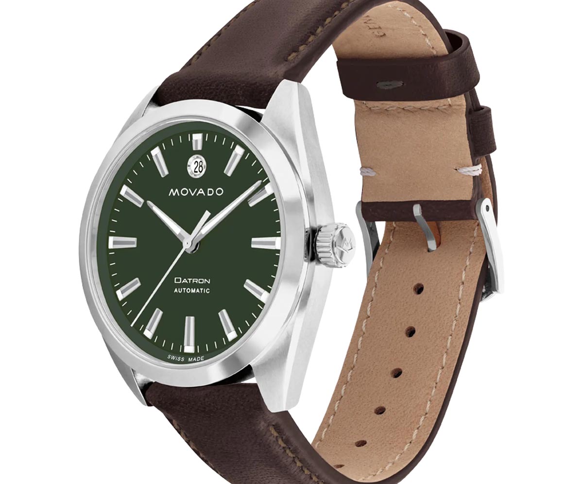Movado Heritage Series Datron Automatic Mens Watch with Green Dial and Brown Leather Strap (Swiss automatic movement)