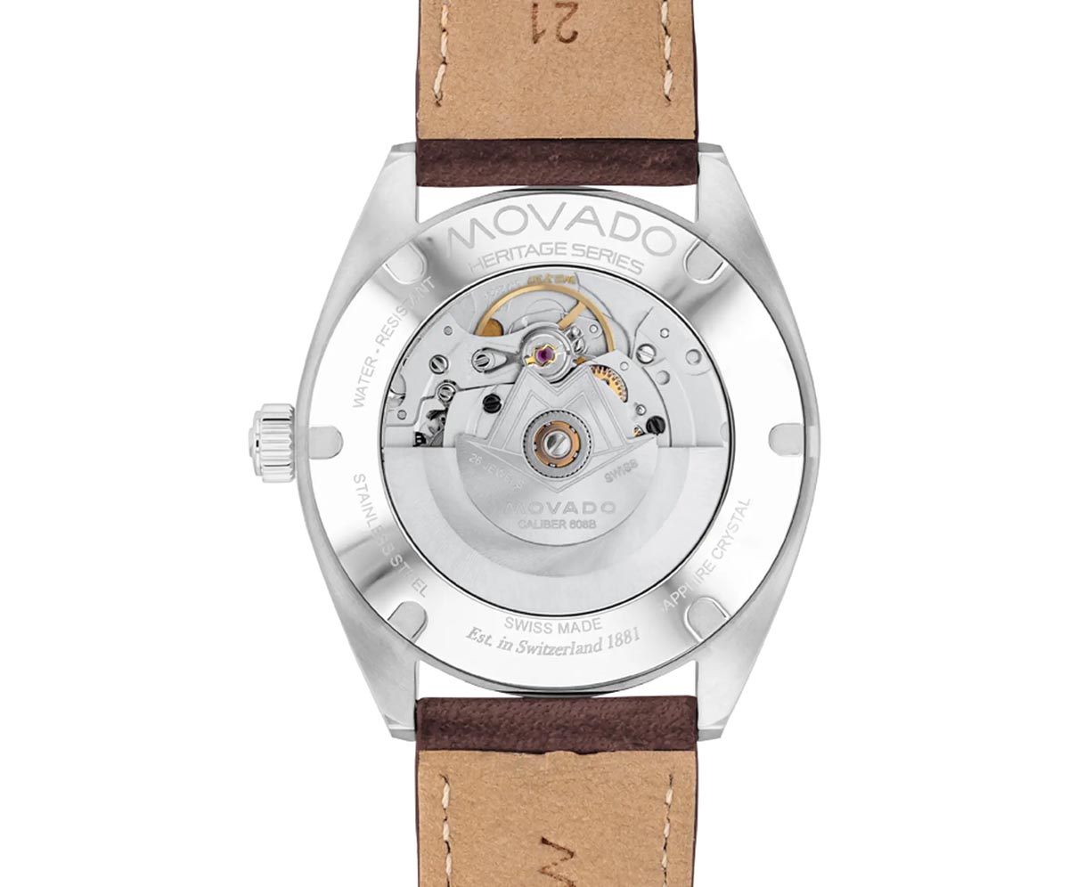 Movado Heritage Series Datron Automatic Mens Watch with Green Dial and Brown Leather Strap (Swiss automatic movement)