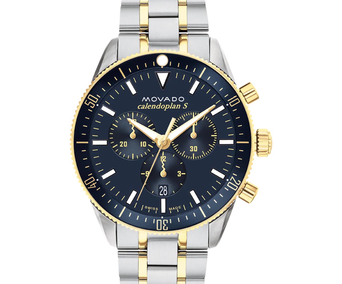 Movado Heritage Series Calendoplan S Mens Watch with Navy Blue Dial and Stainless Steel and Yellow Gold Toned Bracelet (Swiss quartz chronograph movement)