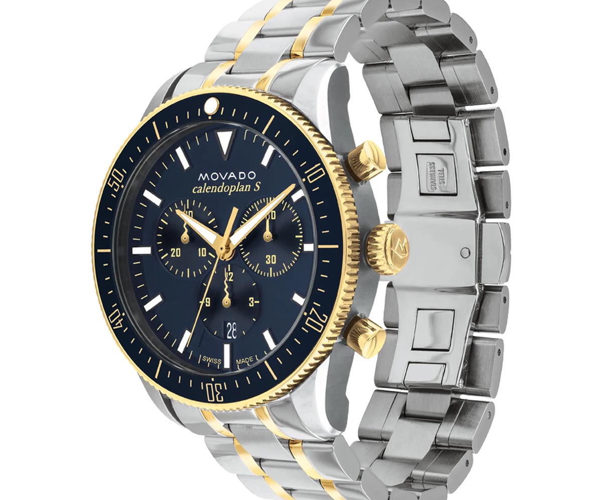 Movado Heritage Series Calendoplan S Mens Watch with Navy Blue Dial and Stainless Steel and Yellow Gold Toned Bracelet (Swiss quartz chronograph movement)