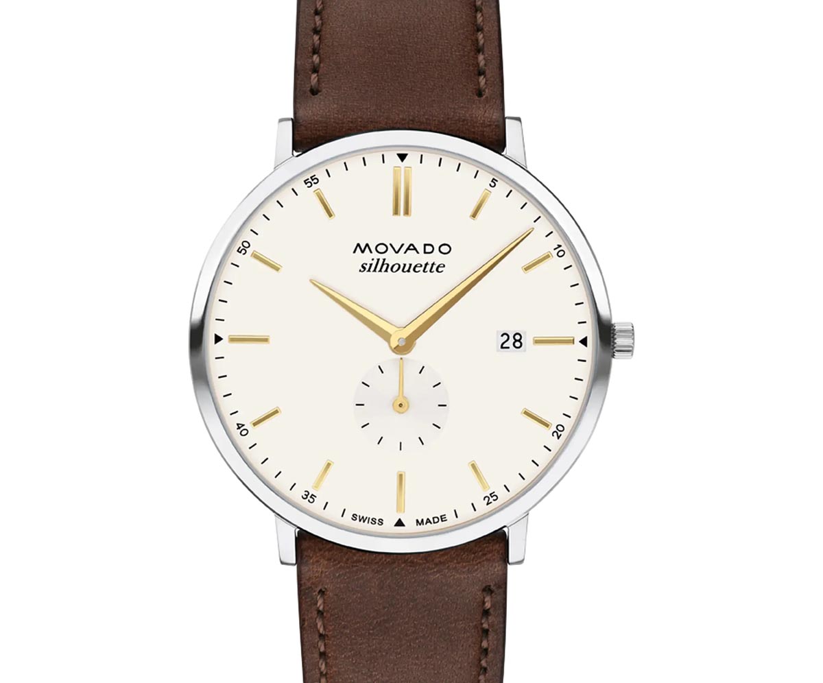 Movado Heritage Series Silhouette Mens Watch with Ivory Dial and Brown Leather Strap (Swiss quartz movement)