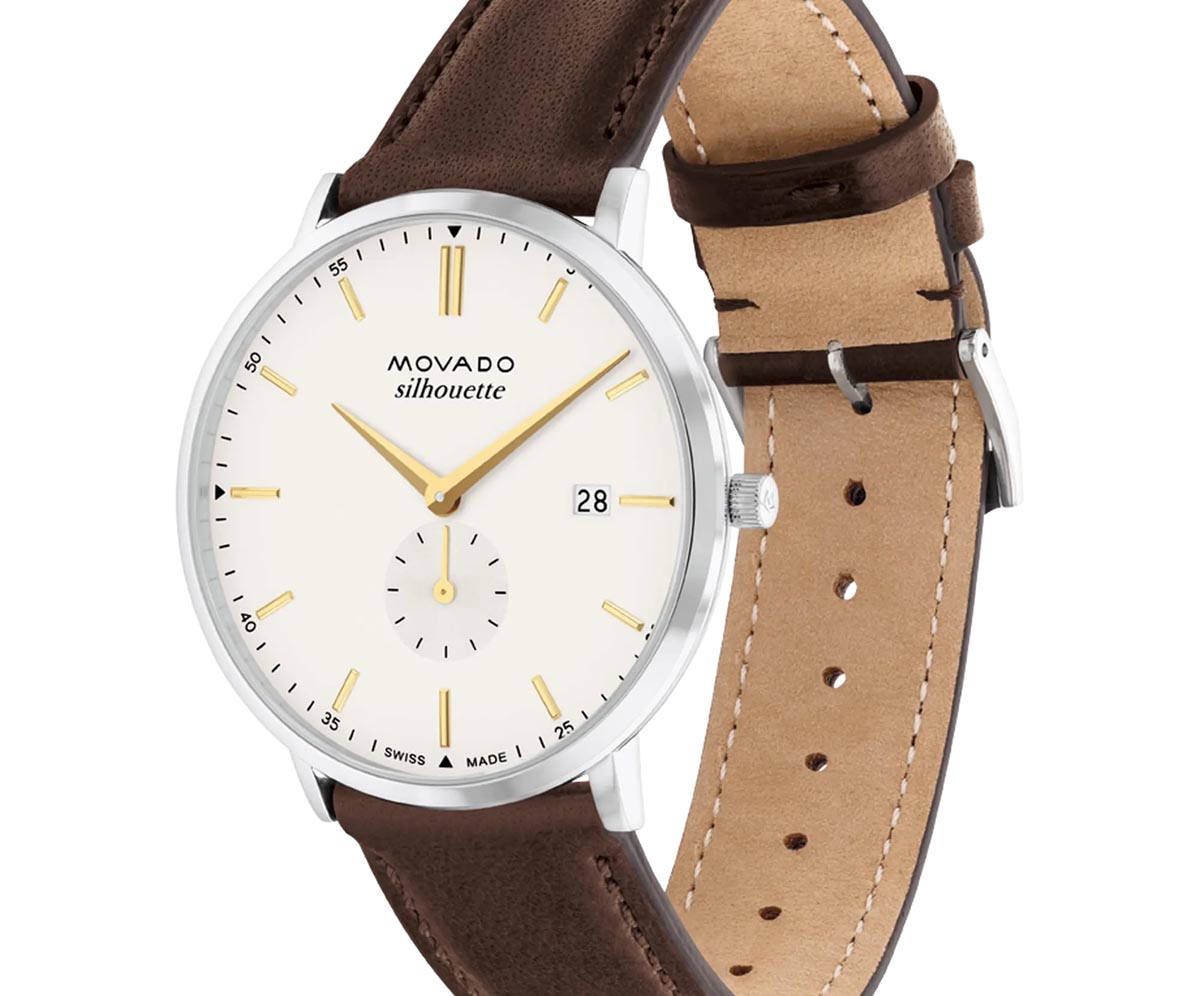Movado Heritage Series Silhouette Mens Watch with Ivory Dial and Brown Leather Strap (Swiss quartz movement)