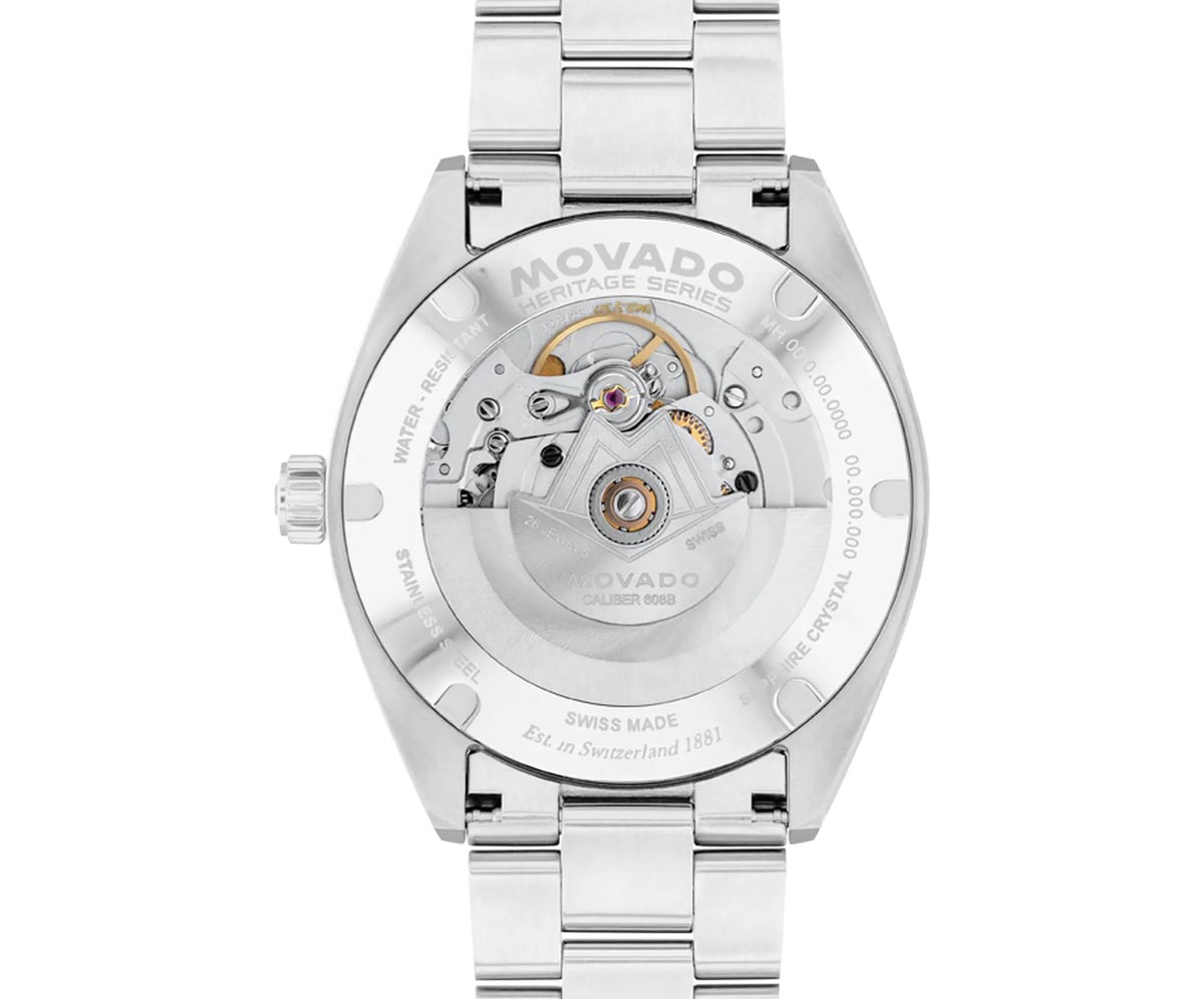 Movado Heritage Series Datron Automatic Mens Watch with Blue Dial and Stainless Steel Bracelet (Swiss automatic movement)