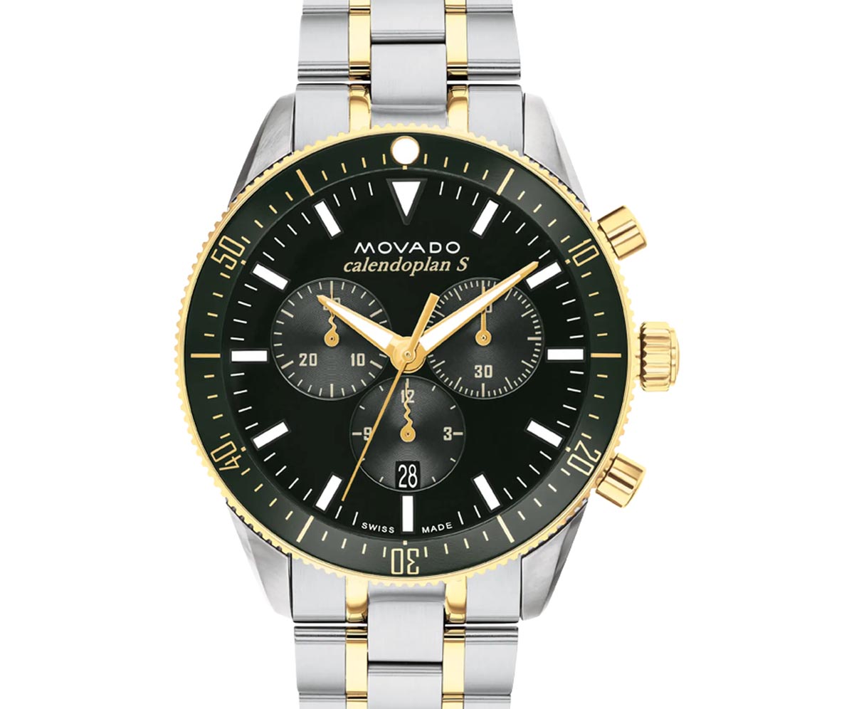 Movado Heritage Series Calendoplan S Mens Watch with Green Dial and Stainless Steel and Yellow Gold Toned Bracelet (Swiss quartz chronograph movement)