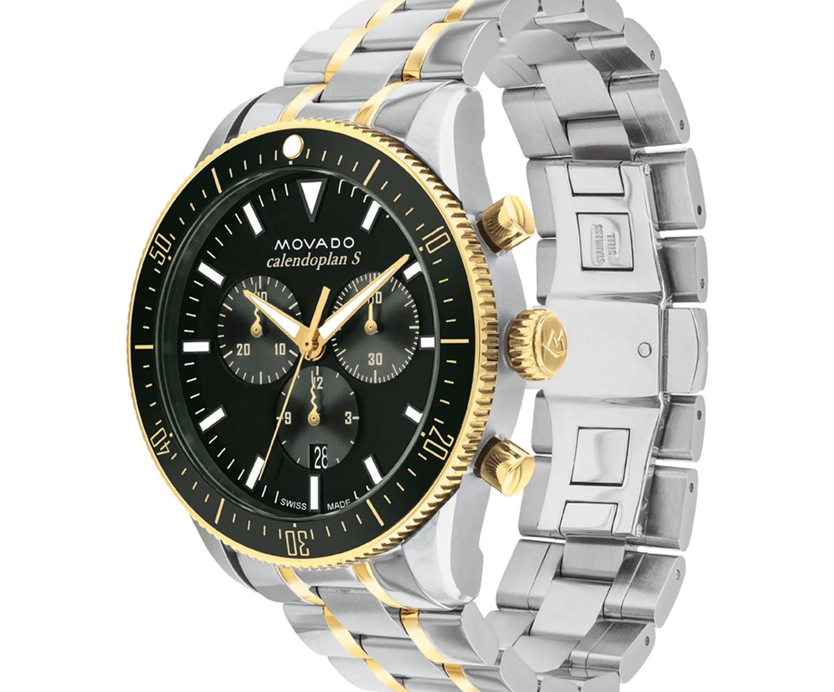 Movado Heritage Series Calendoplan S Mens Watch with Green Dial and Stainless Steel and Yellow Gold Toned Bracelet (Swiss quartz chronograph movement)
