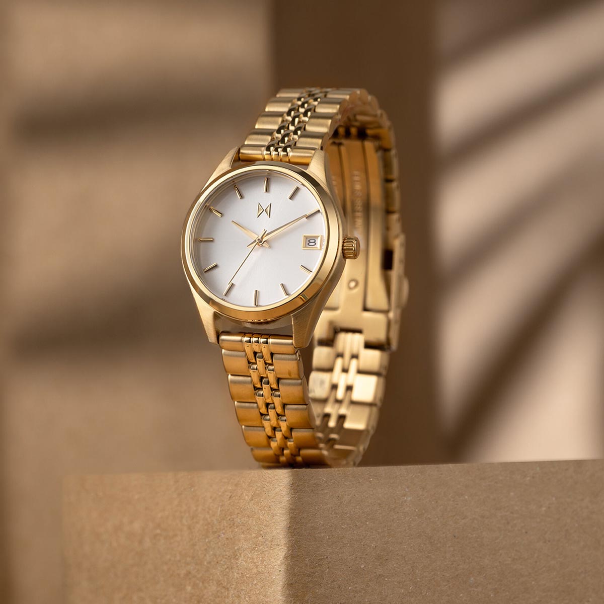 MVMT Rise Mini Womens Watch with White Dial and Gold Toned Stainless Steel Bracelet (quartz movement)
