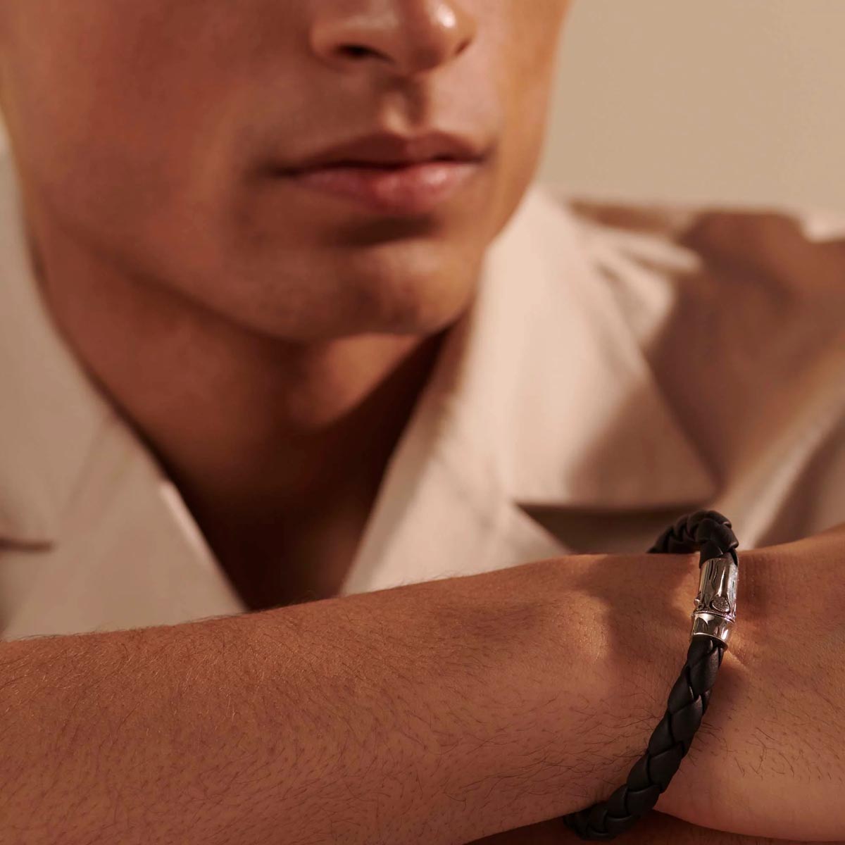 John Hardy Mens Bamboo Black Woven Leather Bracelet in Sterling