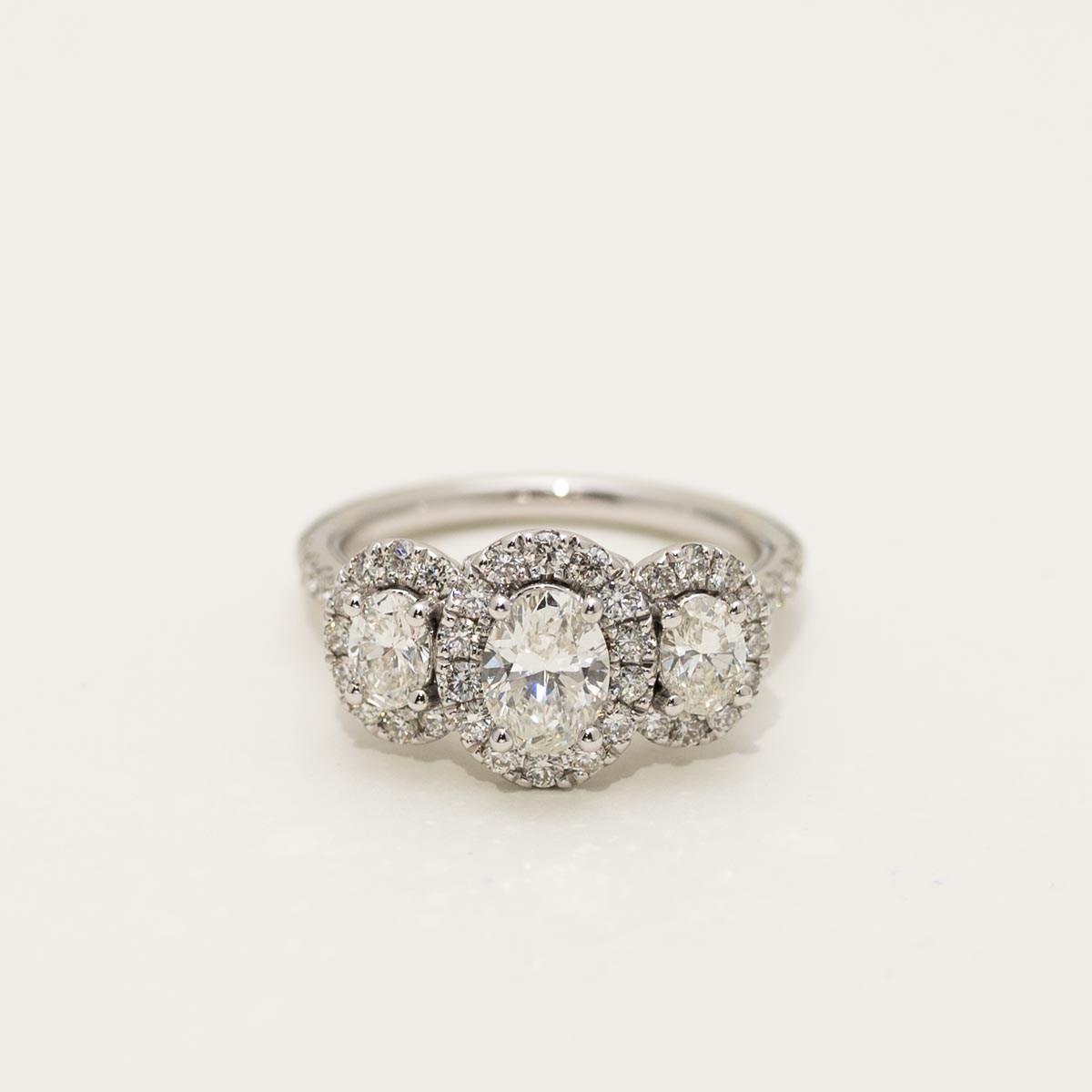 Oval Diamond Three Stone Halo Engagement Ring in 14kt White Gold (2ct tw)