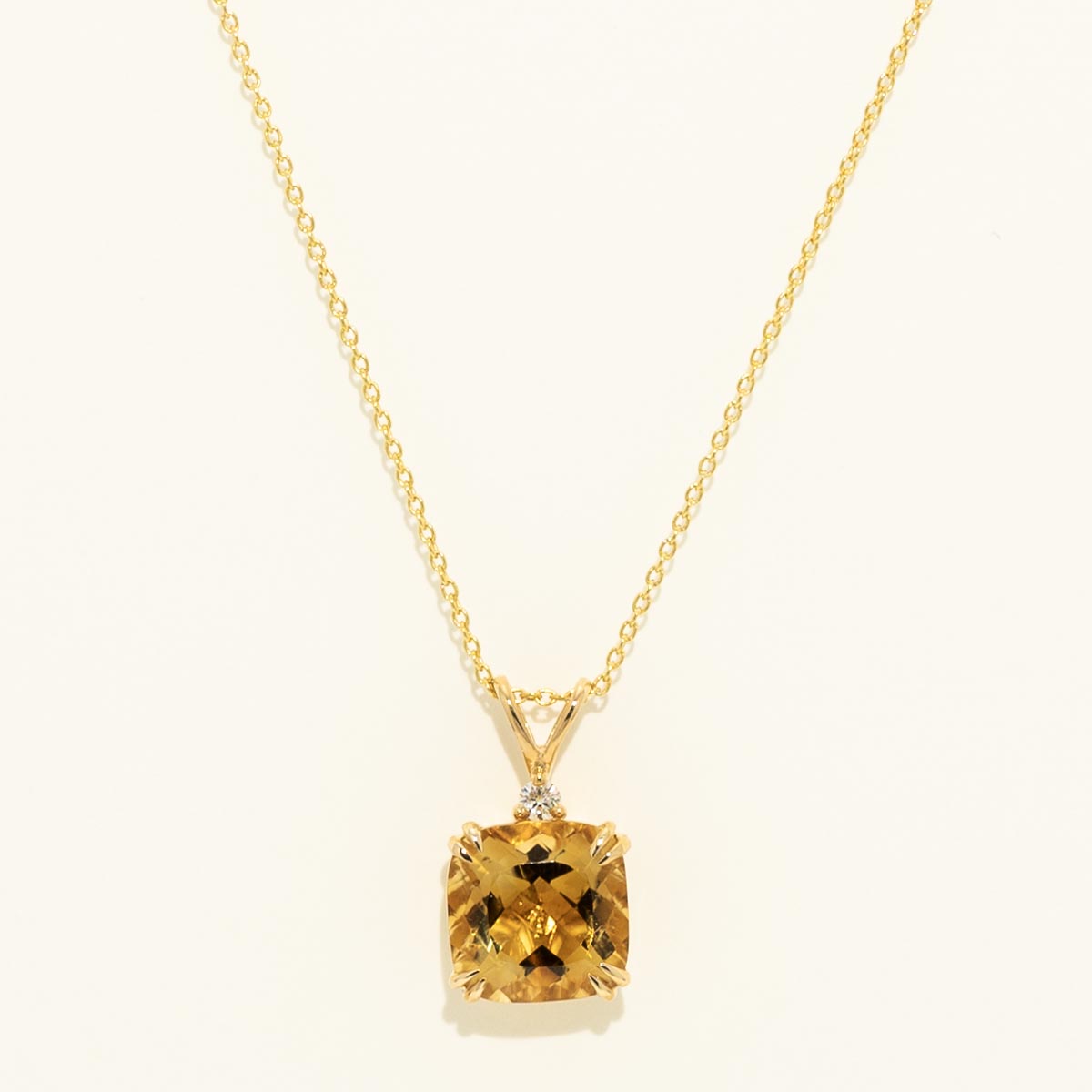Madison L Cushion Cut Citrine Necklace in 14kt Yellow Gold with Diamonds (.03tw)