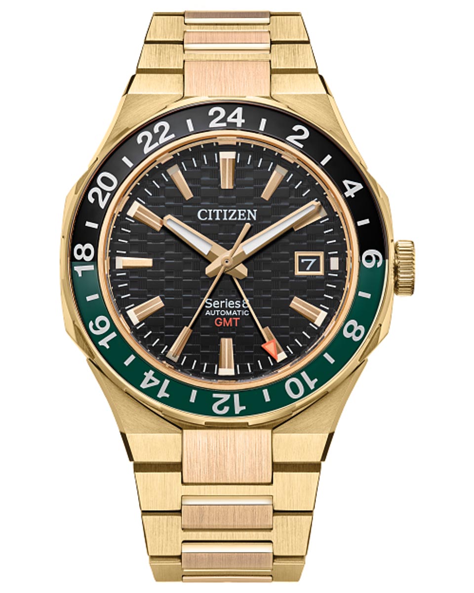 Citizen Series8 880 GMT Mens Watch with Black Dial and Gold Toned Stainless Steel Bracelet (automatic movement)