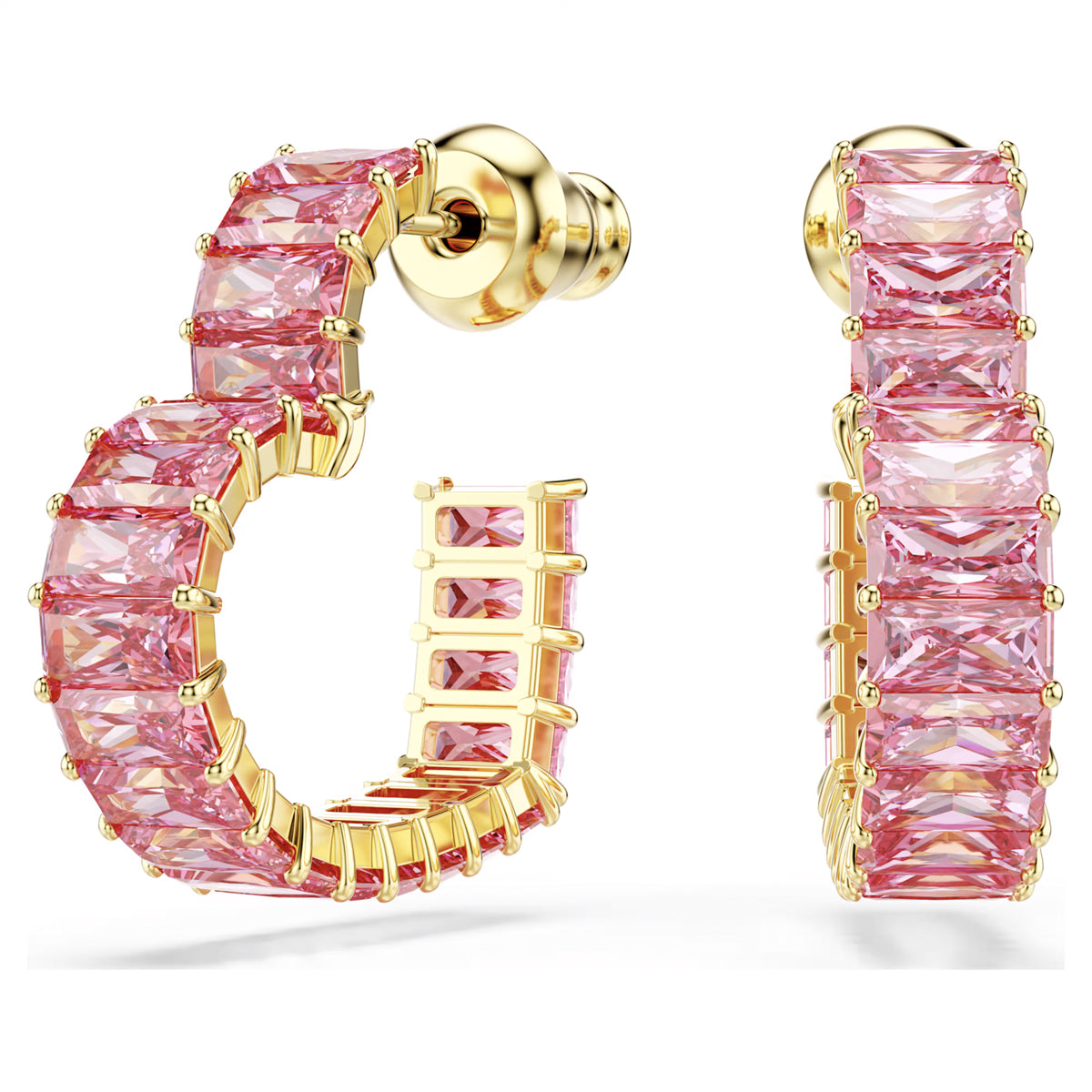Swarovski Matrix Pink Crystal Heart Hoop Earrings in Yellow Tone Plate
