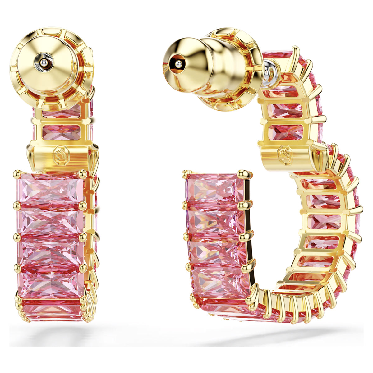 Swarovski Matrix Pink Crystal Heart Hoop Earrings in Yellow Tone Plate