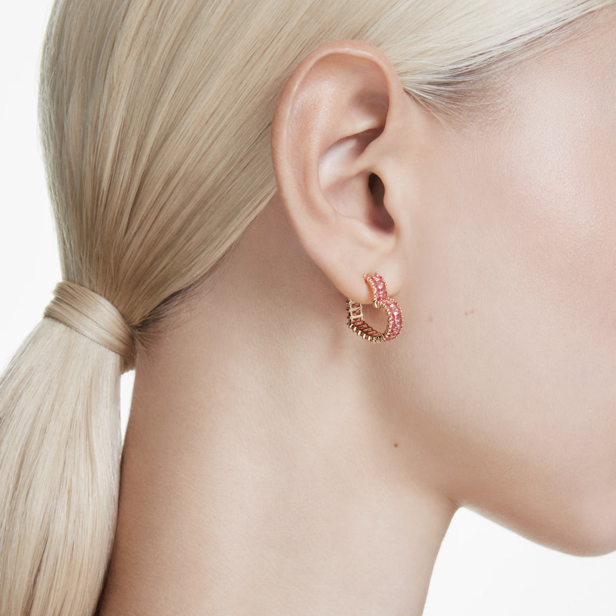 Swarovski Matrix Pink Crystal Heart Hoop Earrings in Yellow Tone Plate