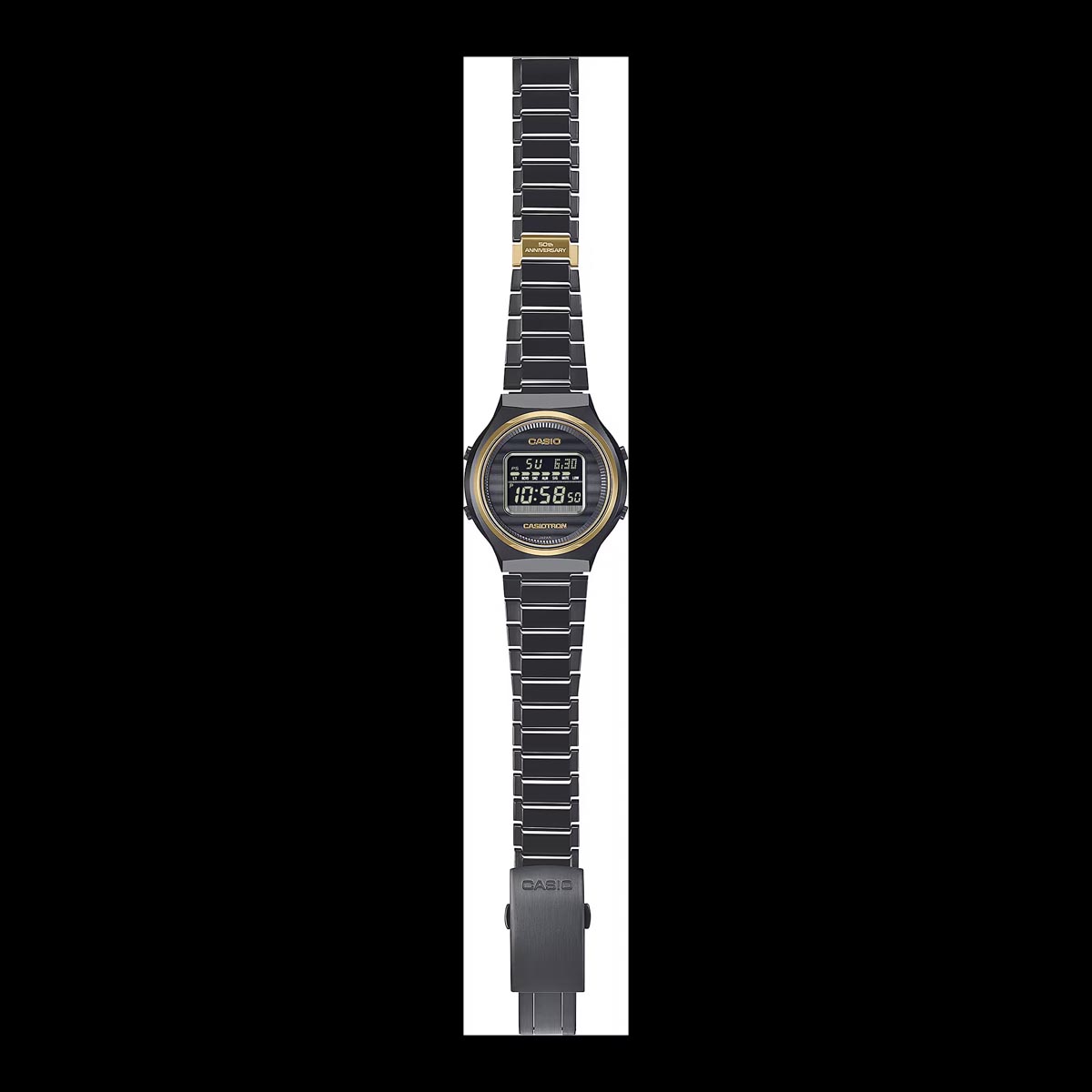 Casio 50th Anniversary Limited Edition Zero to One Watch with Digital Dial and Black Stainless Steel Bracelet with Gold Toned Details (solar movement)