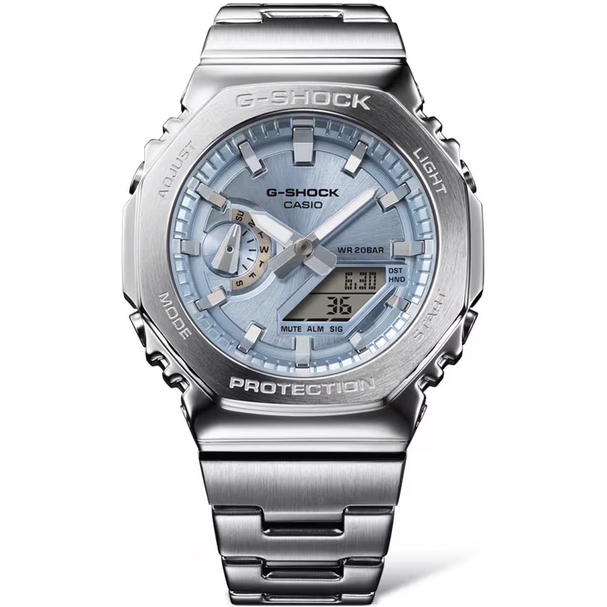 G-Shock 2100 Series Mens Watch with Sky Blue Dial and Stainless Steel Bracelet (solar movement)