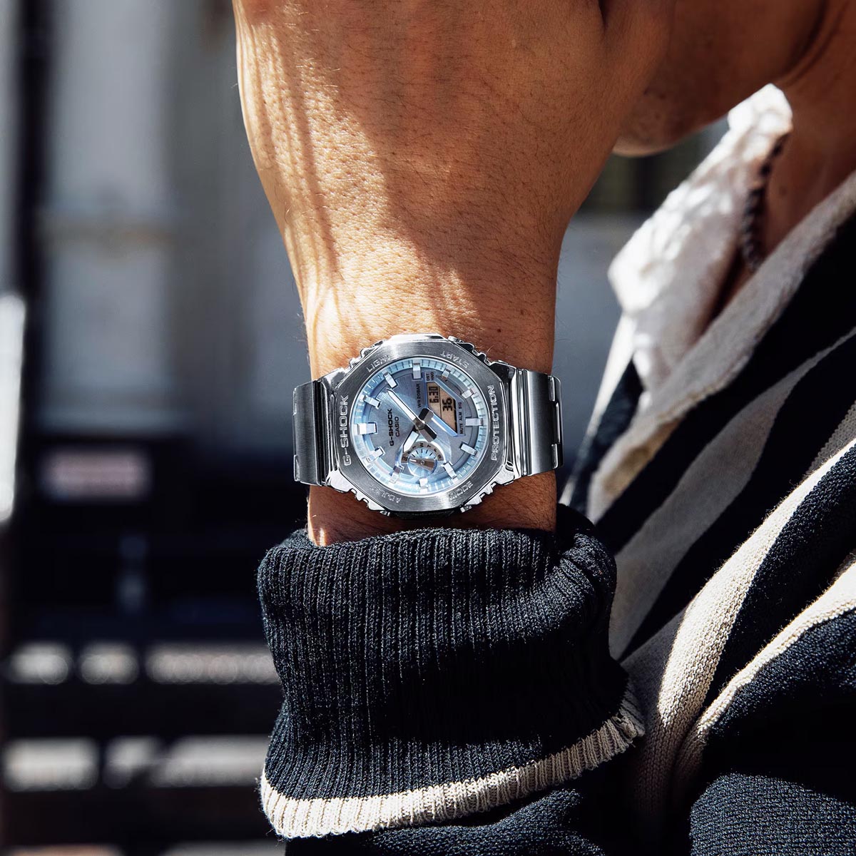 G-Shock 2100 Series Mens Watch with Sky Blue Dial and Stainless Steel Bracelet (solar movement)