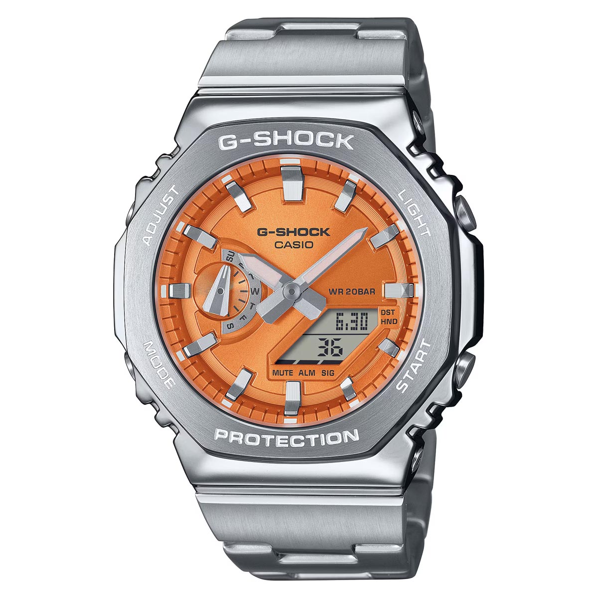 G-Shock 2100 Series Mens Watch with Orange Dial and Stainless Steel Bracelet (solar movement)