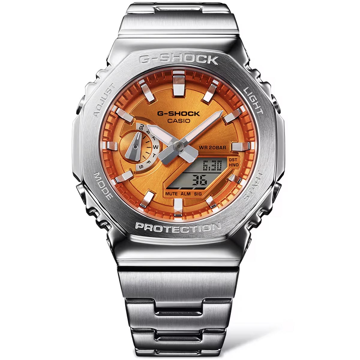 G-Shock 2100 Series Mens Watch with Orange Dial and Stainless Steel Bracelet (solar movement)