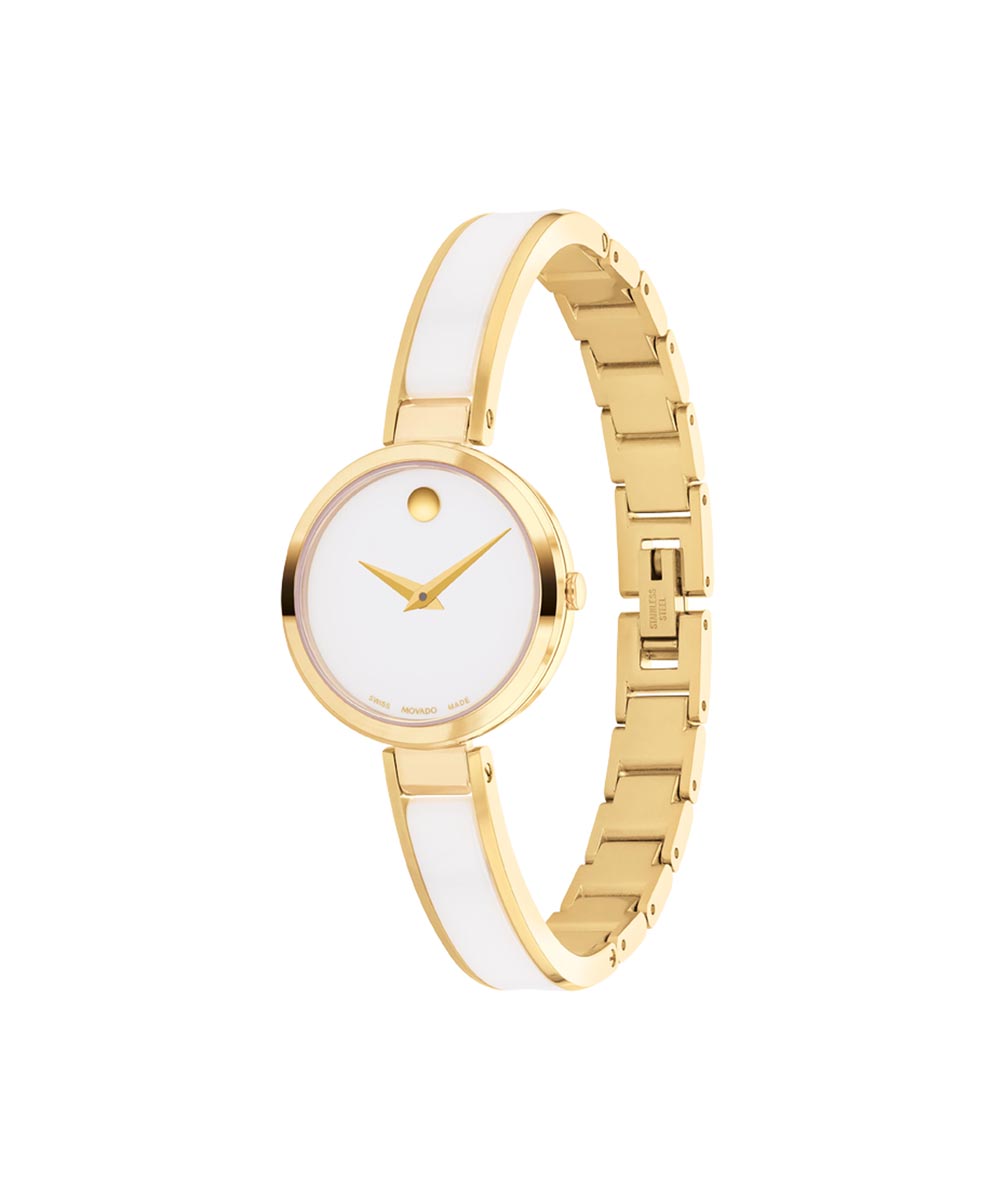 Movado Moda Womens Watch with White Dial and White Ceramic and Gold Toned Stainless Steel Bracelet (Swiss quartz movement)