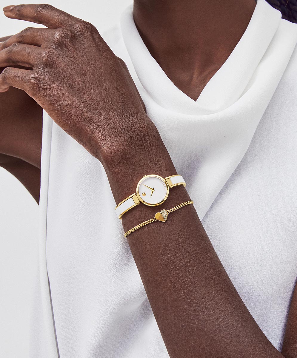 Movado Moda Womens Watch with White Dial and White Ceramic and Gold Toned Stainless Steel Bracelet (Swiss quartz movement)