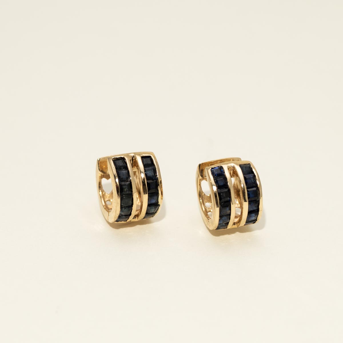 Estate Princess Cut Sapphire Channel Hoop Earrings in 10kt Yellow Gold