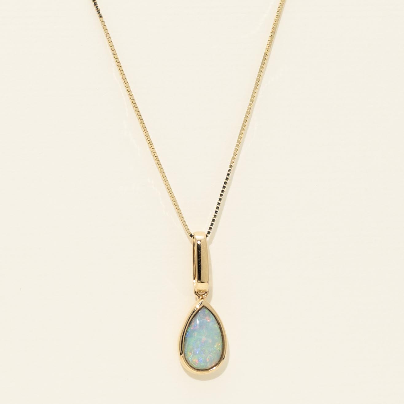 Parlé Pear Shape Australian Opal Bezel Necklace in 14kt Yellow Gold