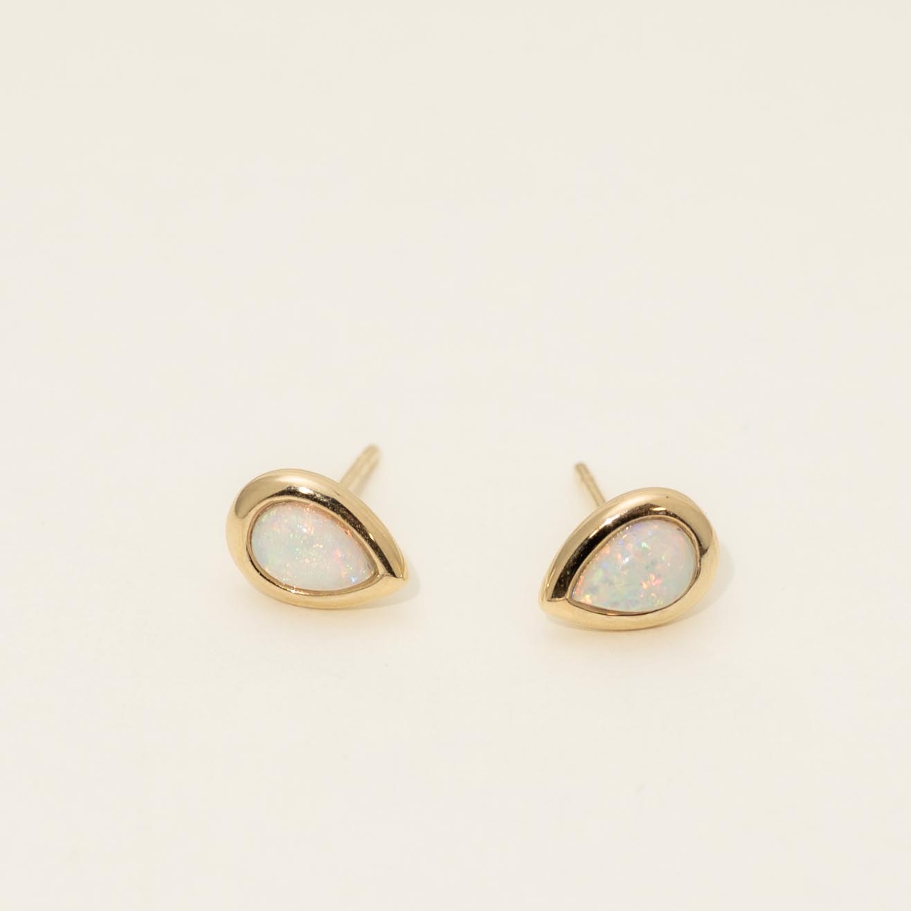 Parlé Pear Shape Australian Opal Bezel Stud Earrings in 14kt Yellow Gold