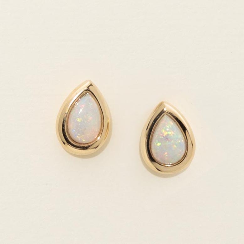 Parlé Pear Shape Australian Opal Bezel Stud Earrings in 14kt Yellow Gold