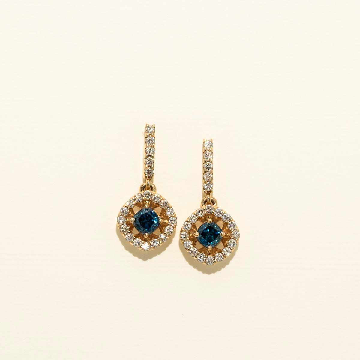 Blue Diamond Halo Drop Earrings in 14kt Yellow Gold (1ct tw)