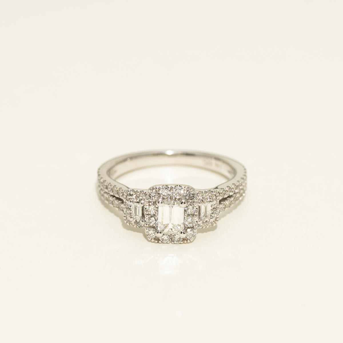 Emerald Cut Diamond Three Stone Halo Engagement Ring in 14kt White Gold (1ct tw)