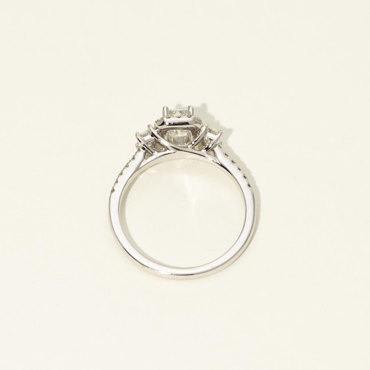 Emerald Cut Diamond Three Stone Halo Engagement Ring in 18kt White Gold (1ct tw)