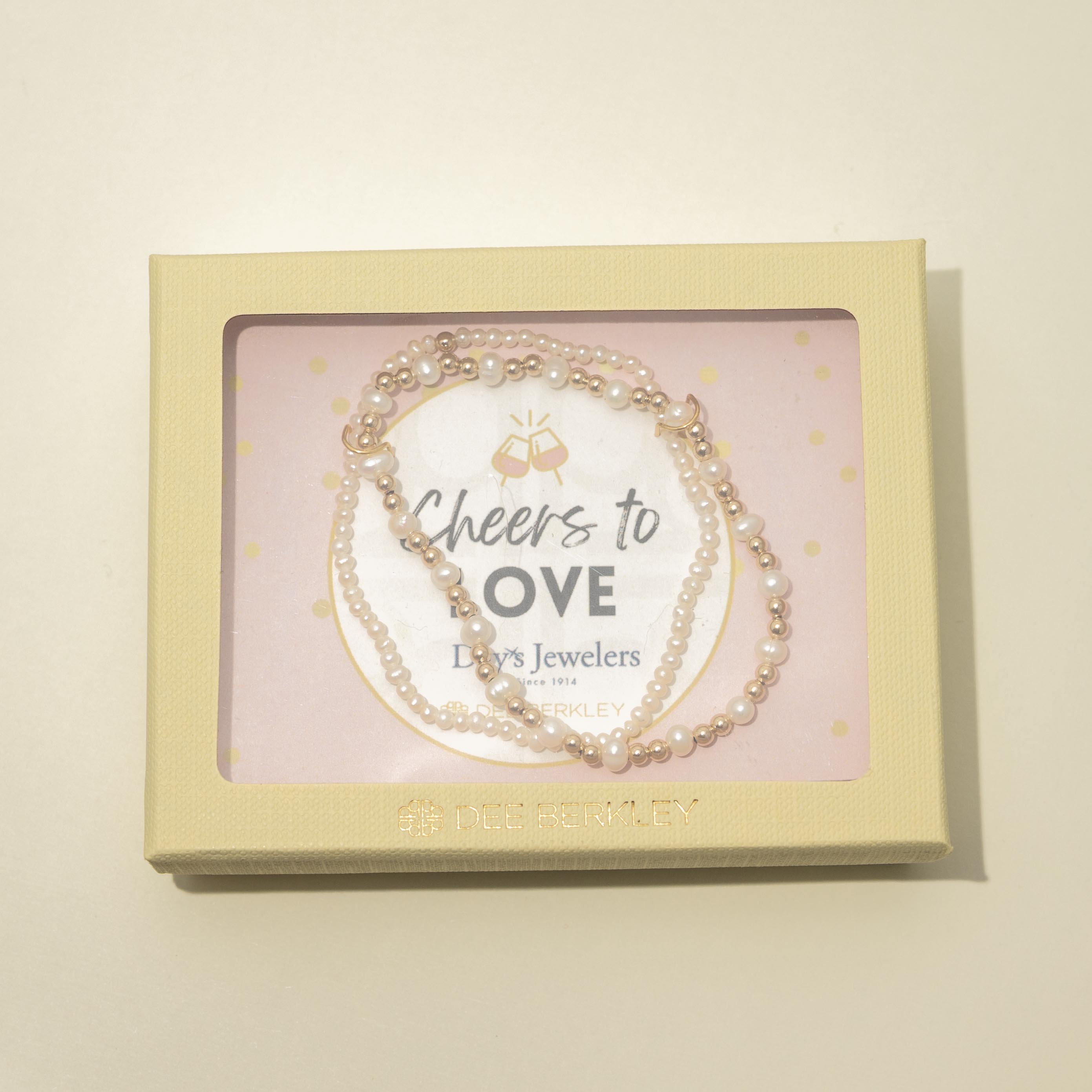 Dee Berkley "Cheers to Love" Cultured Freshwater Pearl and 14kt Gold Filled Bead Two Bracelet Bridal Gift Box Set (4mm pearls)