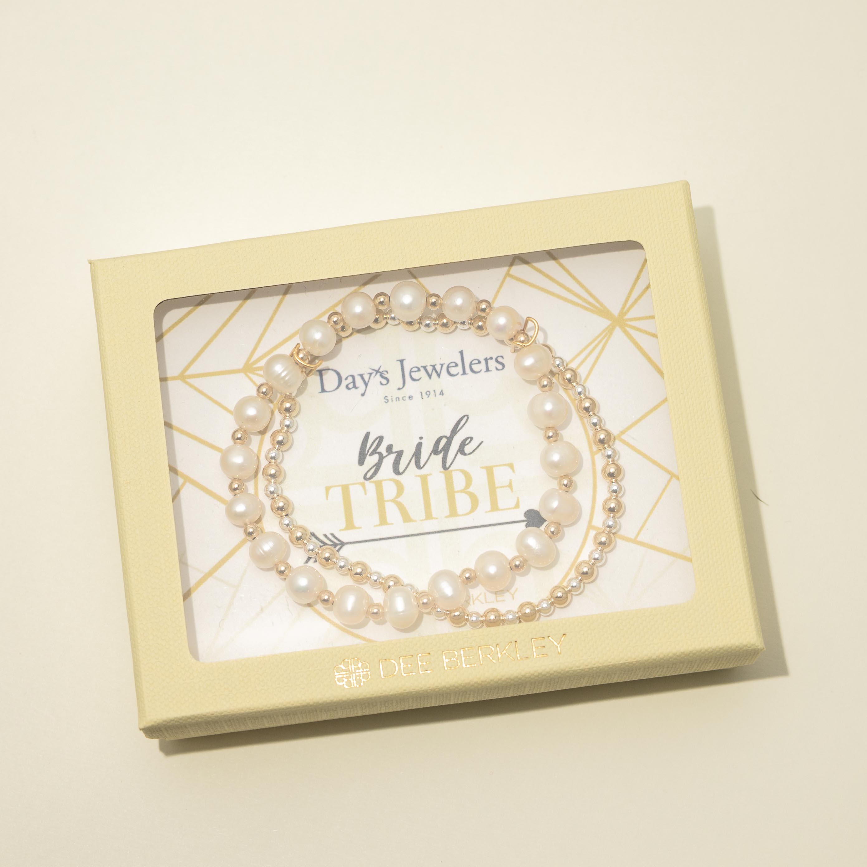 Dee Berkley "Bride Tribe" Cultured Freshwater Pearl with 14kt Gold Filled Bead Two Bracelet Bridal Gift Box Set (4mm pearls)