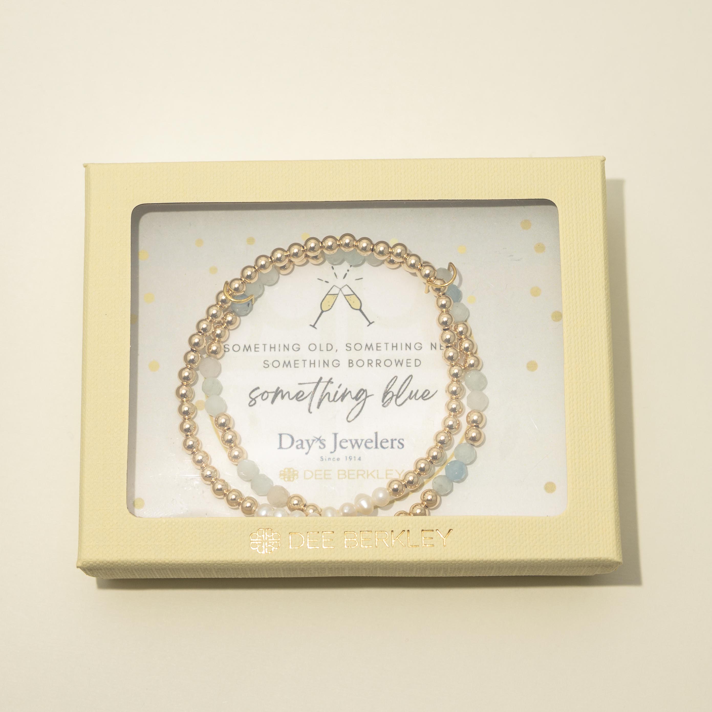 Dee Berkley "Something Blue" Cultured Freshwater Pearl and Aquamarine with 14kt Gold Filled Bead Two Bracelet Bridal Gift Box Set (4mm pearls)