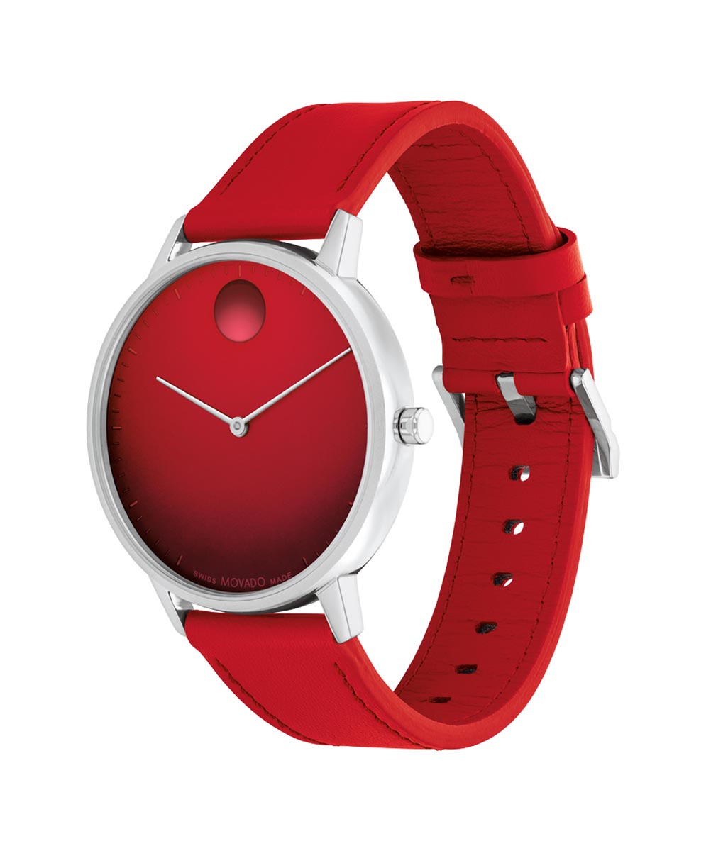 Movado Face Mens Watch with Red Dial and Stainless Steel Bracelet (Swiss quartz Movement)