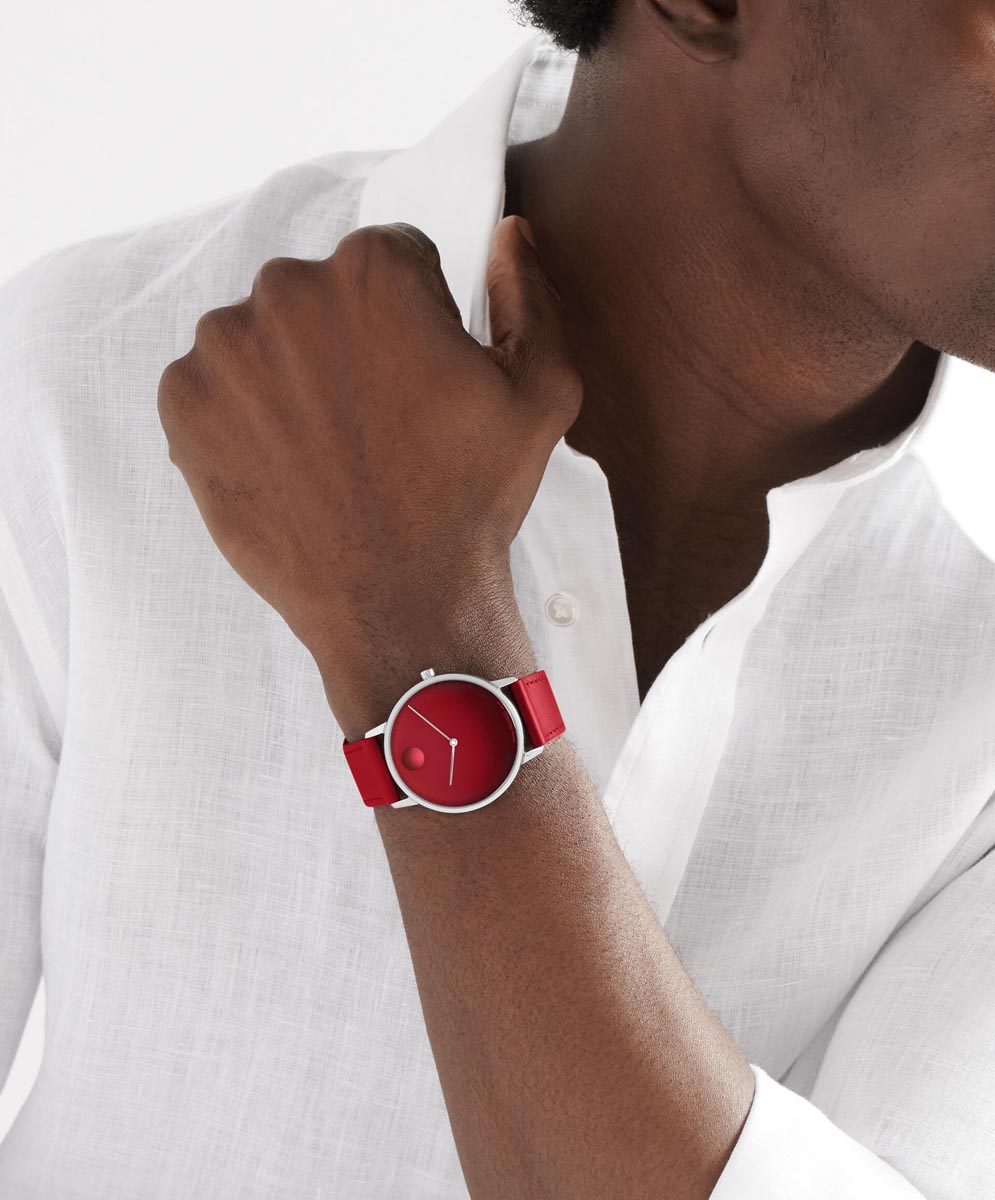 Movado Face Mens Watch with Red Dial and Stainless Steel Bracelet (Swiss quartz Movement)