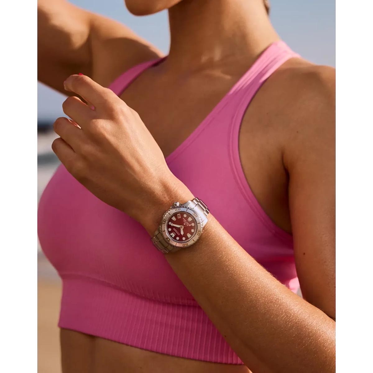 Citizen Promaster Dive Womens Watch with Red Dial and Stainless Steel Bracelet (eco-drive movement)