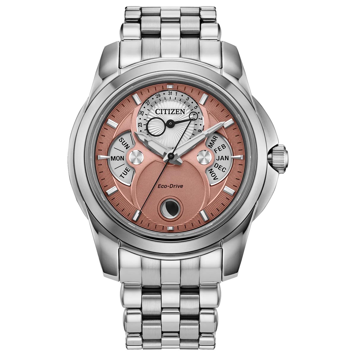 Citizen Calendrier Mens Watch with Salmon Toned Dial and Stainless Steel Bracelet (eco-drive movement)
