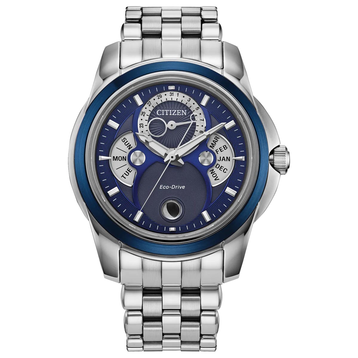Citizen Calendrier Mens Watch with Blue Dial and Stainless Steel Bracelet (eco-drive movement)